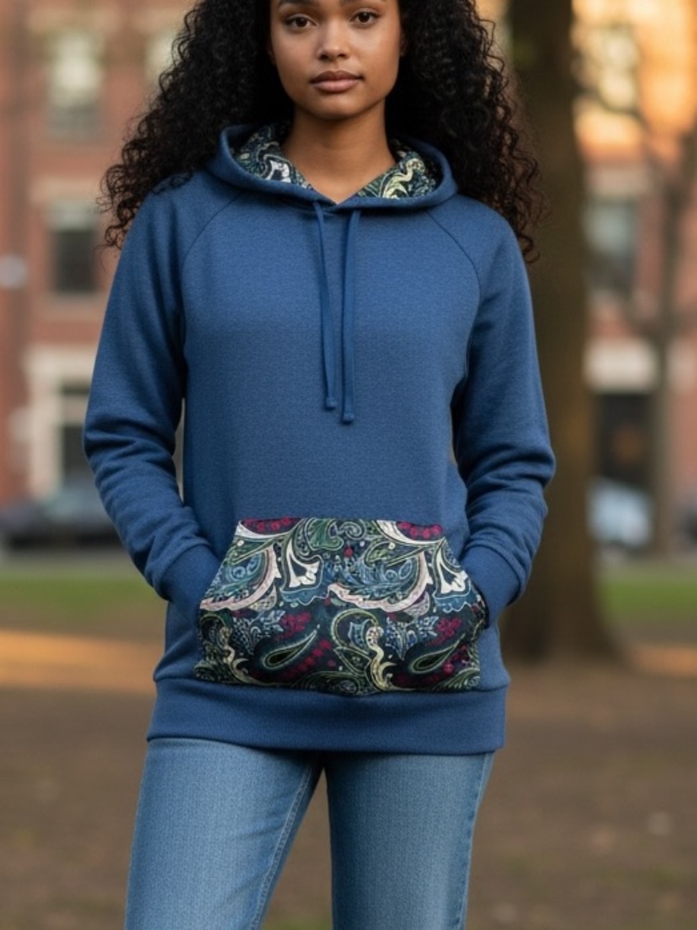 Bula Women's Slate Blue Hooded Pullover with Paisley-Kangaroo Pocket and Hoodie